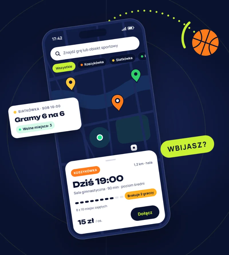 Aplikacja Gralio na telefonie: mapa gier w okolicy i mecz koszykówki, w którym brakuje dwóch graczy